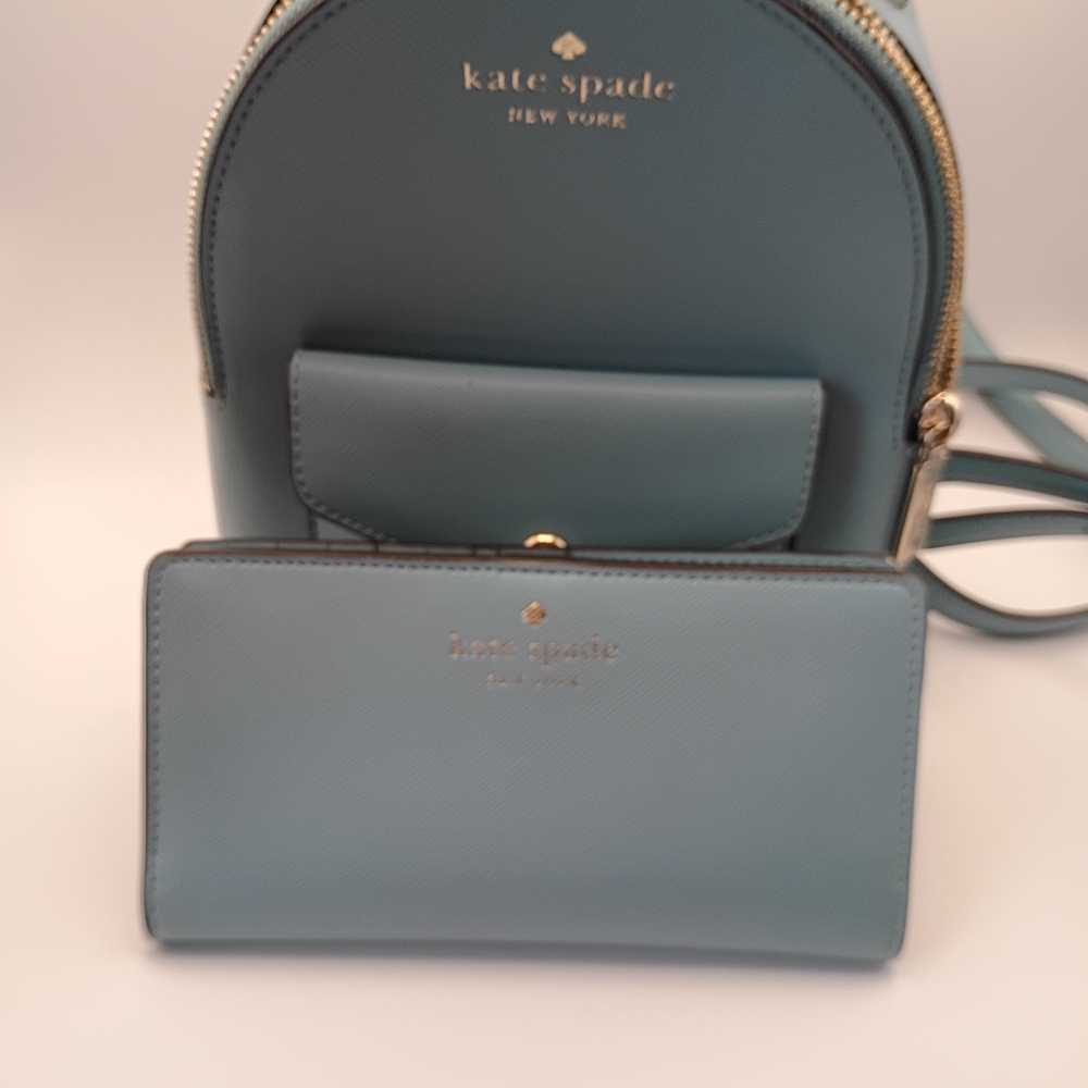 Kate Spade Light Blue Mini Backpack Matching Wallet, Stain on Lining See Pics
